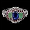Image 1 : KYANITE, EMERALD AND RHODOLITE GARNET RING IN 14K WHITE PLATED GOLD OVER 925 STERLING SILVER - SIZE 