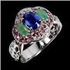 Image 2 : KYANITE, EMERALD AND RHODOLITE GARNET RING IN 14K WHITE PLATED GOLD OVER 925 STERLING SILVER - SIZE 