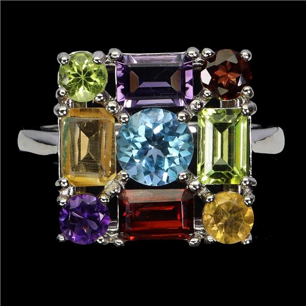 SKY BLUE TOPAZ, CITRINE, AMETHYST, GARNET, PERIDOT RING IN 14K WHITE PLATED GOLD OVER 925 STERLING S