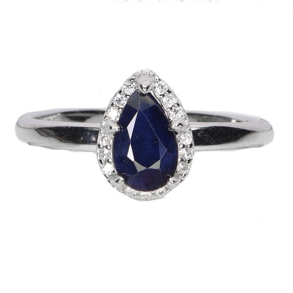 PEAR CUT BLUE SAPPHIRE RING IN 14K WHITE PLATED GOLD OVER 925 STERLING SILVER - SIZE 7 - APPRAISED R