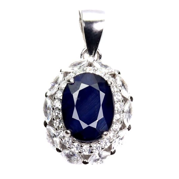 OVAL CUT BLUE SAPPHIRE PENDANT IN 14K WHITE PLATED GOLD OVER 925 STERLING SILVER - APPRAISED REPLACE