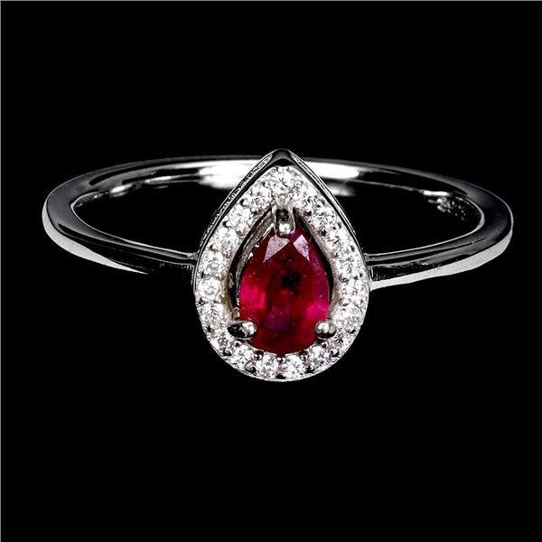 PEAR CUT RUBY RING IN 14K WHITE PLATED GOLD OVER 925 STERLING SILVER - SIZE 8.5 - APPRAISED REPLACEM