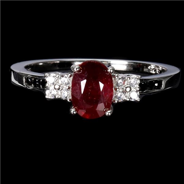 RUBY RING IN 14K WHITE PLATED GOLD OVER 925 STERLING SILVER - SIZE 7 - APPRAISED REPLACEMENT VALUE