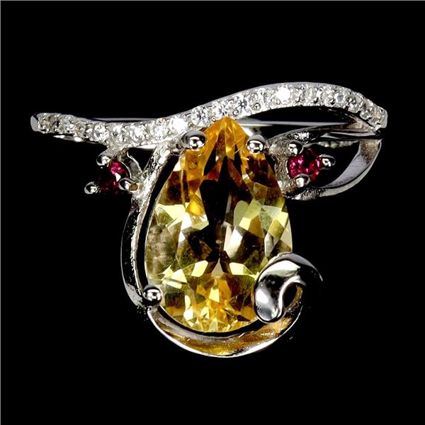 CITRINE AND RHODOLITE GARNET RING IN 14K WHITE PLATED GOLD OVER 925 STERLING SILVER - SIZE 7 - APPRA