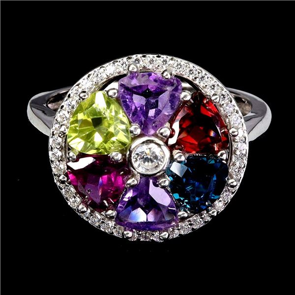 AMETHYST, PERIDOT, LONDON BLUE TOPAZ, MOZAMBIQUE GARNET, RHODOLITE GARNET RING IN 14K WHITE PLATED G