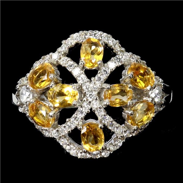 CITRINE RING IN 14K WHITE PLATED GOLD OVER 925 STERLING SILVER -SIZE 9 - APPRAISED REPLACEMENT VALUE