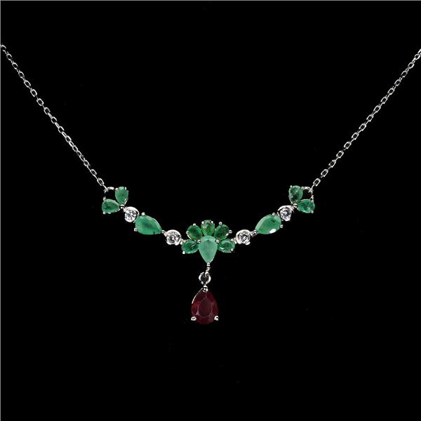 EMERALD AND RUBY NECKLACE IN 14K WHITE PLATED GOLD OVER 925 STERLING SILVER - 18 INCHES LONG - APPRA
