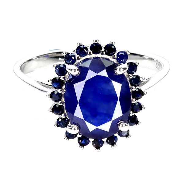 BLUE SAPPHIRE RING IN 14K WHITE PLATED GOLD OVER 925 STERLING SILVER - SIZE 8 - APPRAISED REPLACEMEN