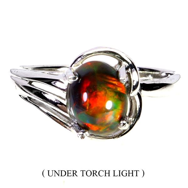BLACK OPAL RING IN 14K WHITE PLATED GOLD OVER 925 STERLING SILVER - SIZE 7 - APPRAISED REPLACEMENT V
