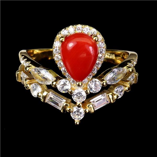 ITALIAN CORAL RING IN 14K YELLOW PLATED GOLD OVER 925 STERLING SILVER - SIZE 6.5 - APPRAISED REPLACE
