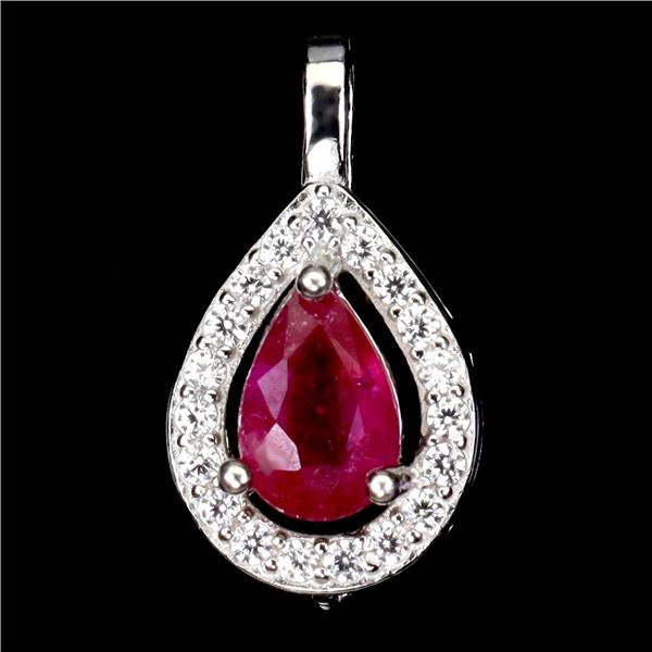 PEAR CUT RUBY PENDANT IN 14K WHITE PLATED GOLD OVER 925 STERLING SILVER - APPRAISED REPLACEMENT VALU