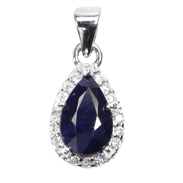 PEAR CUT BLUE SAPPHIRE PENDANT IN 14K WHITE PLATED GOLD OVER 925 STERLING SILVER - APPRAISED REPLACE