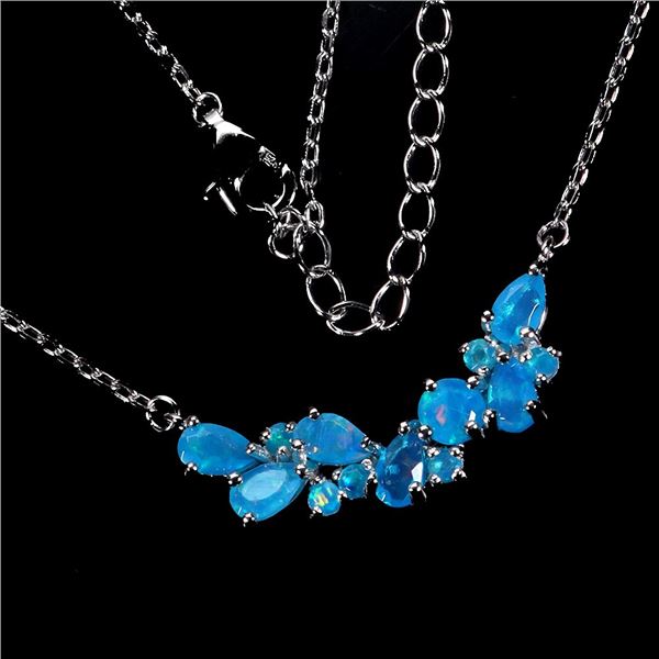 PEAR CUT BLUE OPAL NECKLACE IN 14K WHITE PLATED GOLD OVER 925 STERLING SILVER - 19 INCHES LONG - APP