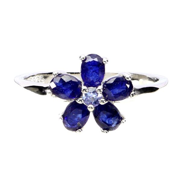 FLOWER SHAPED BLUE SAPPHIRE RING IN 14K WHITE PLATED GOLD OVER 925 STERLING SILVER â€[x=#82