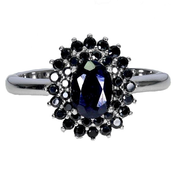 BLUE SAPPHIRE RING IN 14K WHITE PLATED GOLD OVER 925 STERLING SILVER - SIZE 7 - APPRAISED REPLACEMEN