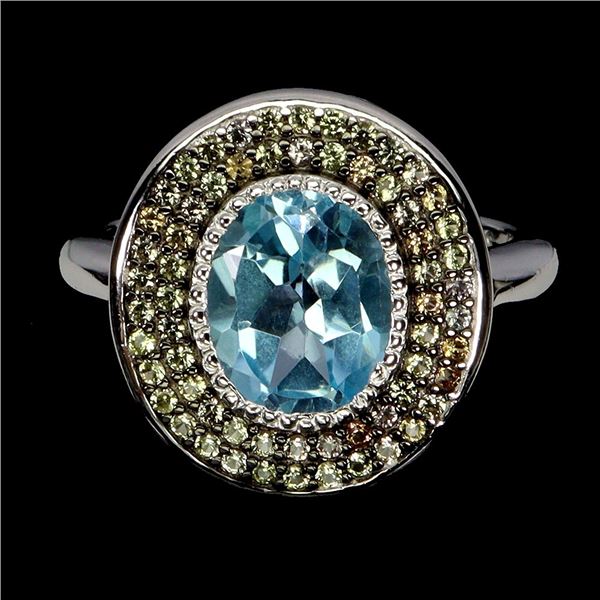 BLUE TOPAZ AND SAPPHIRE RING IN 14K WHITE PLATED GOLD OVER 925 STERLING SILVER - SIZE 7 - APPRAISED 