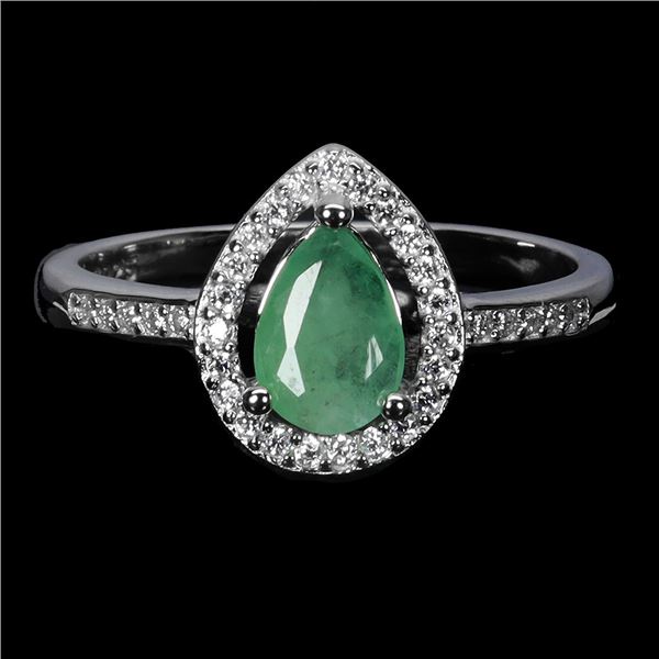 PEAR CUT EMERALD RING IN 14K WHITE PLATED GOLD OVER 925 STERLING SILVER - SIZE 7 - APPRAISED REPLACE