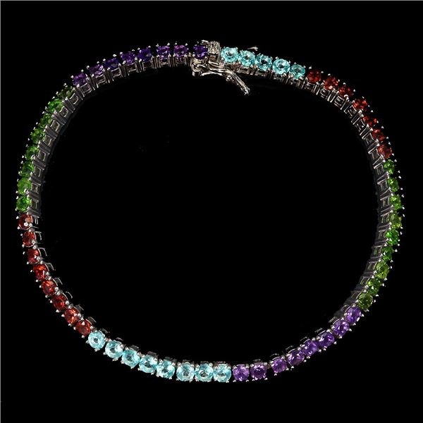 COLORED AMETHSYT, CHROME DIOPSIDE, MOZAMBIQUE GARNET AND PARAIBA BLUE TOPAZ BRACELET IN 14K WHITE PL