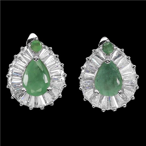 PEAR CUT EMERALD EARRINGS IN 14K WHITE PLATED GOLD OVER 925 STERLING SILVER - APPRAISED REPLACEMENT 