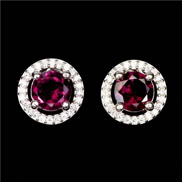 RHODOLITE GARNET EARRINGS IN 14K WHITE PLATED GOLD OVER 925 STERLING SILVER - APPRAISED REPLACEMENT 