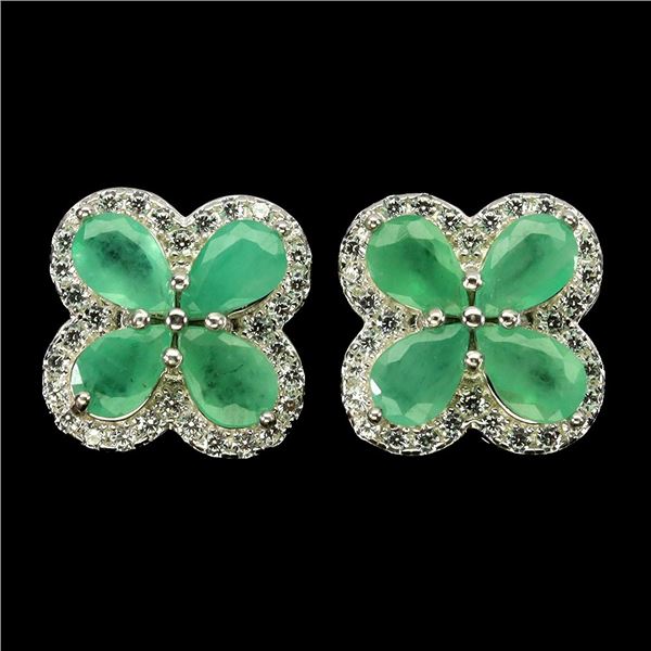 EMERALD EARRINGS IN 14K WHITE PLATED GOLD OVER 925 STERLING SILVER - APPRAISED REPLACEMENT VALUE