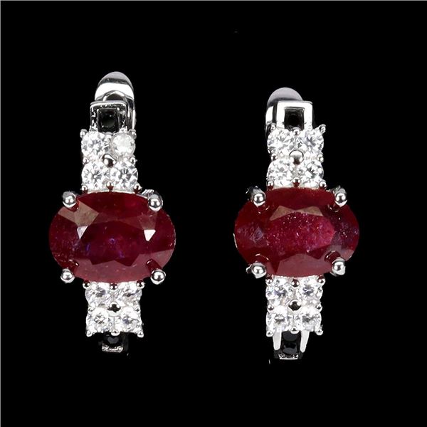 RUBY AND BLACK SPINEL EARRINGS IN 14K WHITE PLATED GOLD OVER 925 STERLING SILVER - APPRAISED REPLACE