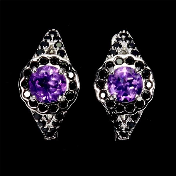 AMETHYST AND BLACK SPINEL EARRINGS IN 14K WHITE PLATED GOLD OVER 925 STERLING SILVER - APPRAISED REP
