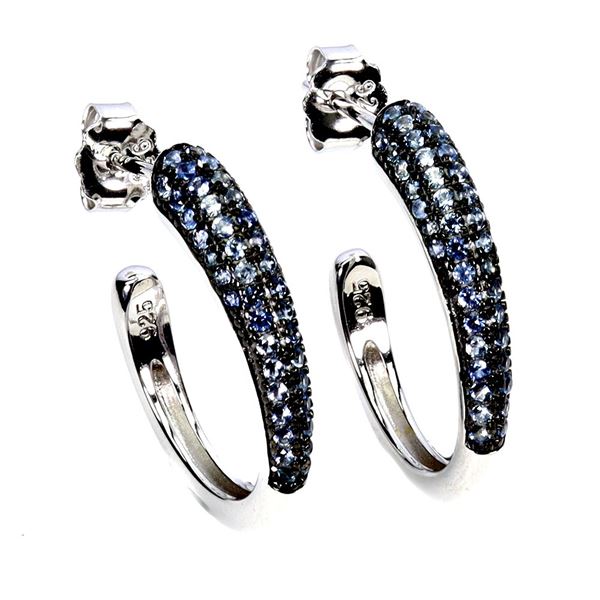 DIAMOND CUT BLUE SAPPHIRE EARRINGS IN 14K WHITE PLATED GOLD OVER 925 STERLING SILVER - APPRAISED REP