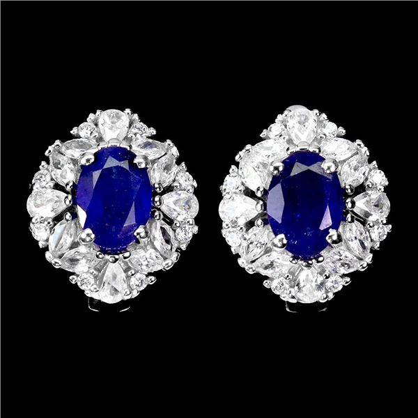 BLUE SAPPHIRE EARRINGS IN 14K WHITE PLATED GOLD OVER 925 STERLING SILVER - APPRAISED REPLACEMENT VAL