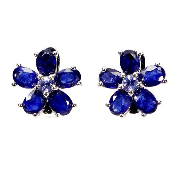 BLUE SAPPHIRE AND TANZANITE EARRINGS IN 14K WHITE PLATED GOLD OVER 925 STERLING SILVER - APPRAISED R