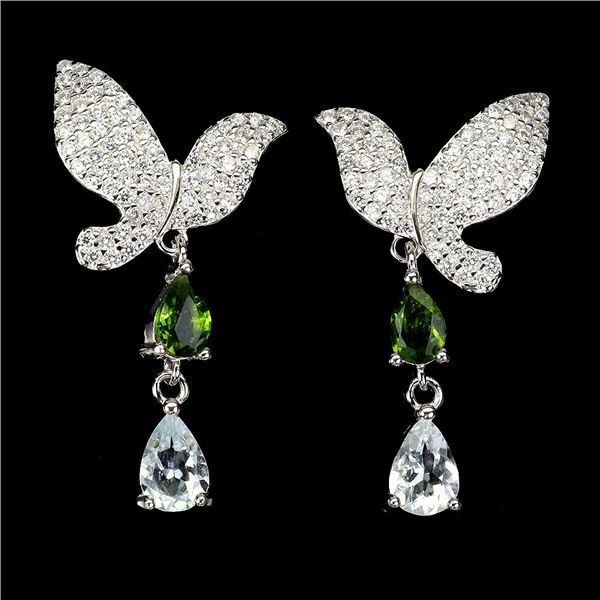 AQUAMARINE AND CHROME DIOPSIDE BIRD SHAPED EARRINGS IN 14K WHITE PLATED GOLD OVER 925 STERLING SILVE