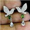 Image 2 : AQUAMARINE AND CHROME DIOPSIDE BIRD SHAPED EARRINGS IN 14K WHITE PLATED GOLD OVER 925 STERLING SILVE