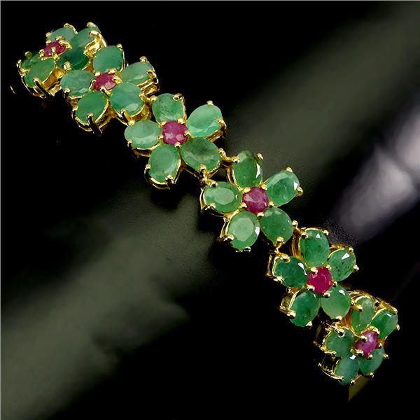 EMERALD AND RUBY BANGLE IN 14K YELLOW PLATED GOLD OVER 925 STERLING SILVER - 7 INCHES - APPRAISED RE