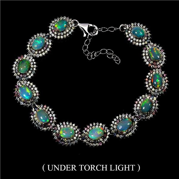 OPAL AND SAPPHIRE BRACELET IN 14K WHITE PLATED GOLD OVER 925 STERLING SILVER - 7 INCHES LONG - APPRA