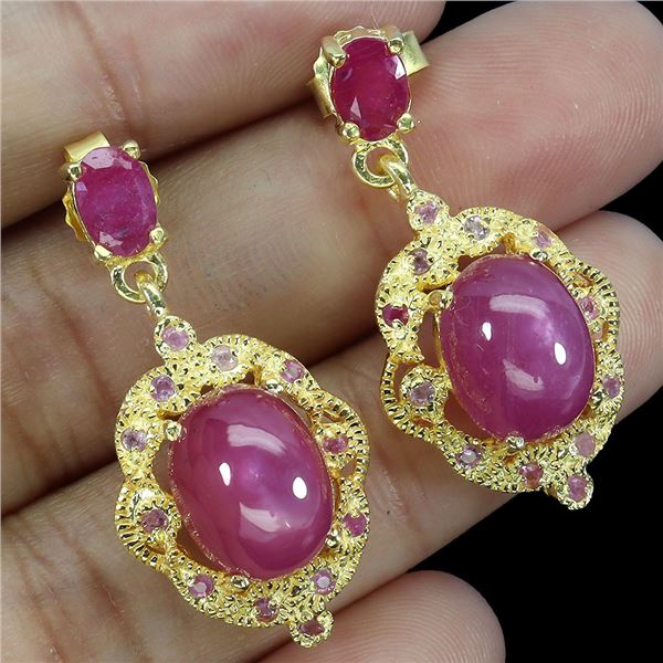 RUBY EARRINGS IN 14K YELLOW PLATED GOLD OVER 925 STERLING SILVER - APPRAISED REPLACEMENT VALUE