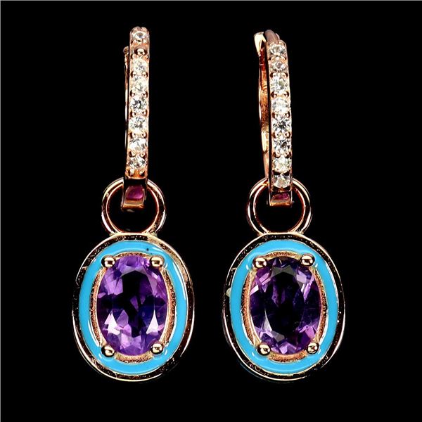 OVAL CUT AMETHYST EARRINGS IN 14K ROSE PLATED GOLD OVER 925 STERLING SILVER - APPRAISED REPLACEMENT 