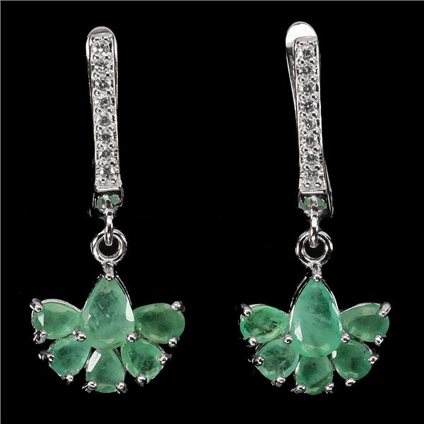 EMERALD EARRIBGS IN 14K WHITE PLATED GOLD OVER 925 STERLING SILVER - APPRAISED REPLACEMENT VALUE