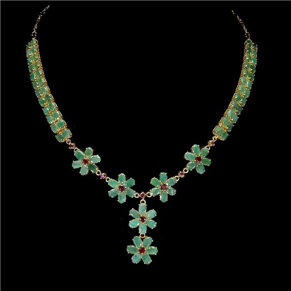 EMERALD AND RUBY NECKLACE IN 14K YELLOW PLATED GOLD OVER 925 STERLING SILVER - 17 INCHES LONG - APPR