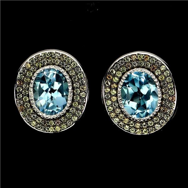 SKY BLUE TOPAZ AND SAPPHIRE EARRINGS IN 14K WHITE PLATED GOLD OVER 925 STERLING SILVER - APPRAISED R