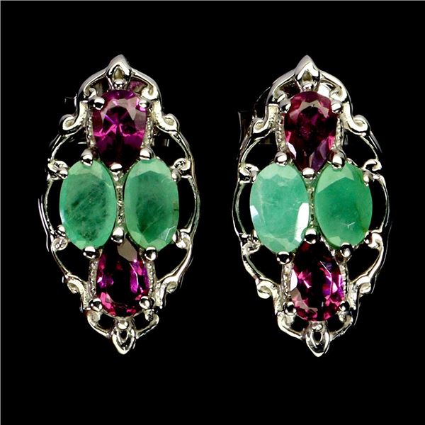 EMERALD AND RHODOLITE GARNET EARRINGS IN 14K WHITE PLATED GOLD OVER 925 STERLING SILVER - APPRAISED 