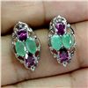 Image 2 : EMERALD AND RHODOLITE GARNET EARRINGS IN 14K WHITE PLATED GOLD OVER 925 STERLING SILVER - APPRAISED 