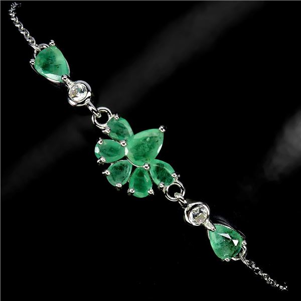 EMERALD BRACELET IN 14K WHITE PLATED GOLD OVER 925 STERLING SILVER - 7 INCHES LONG - APPRAISED REPLA
