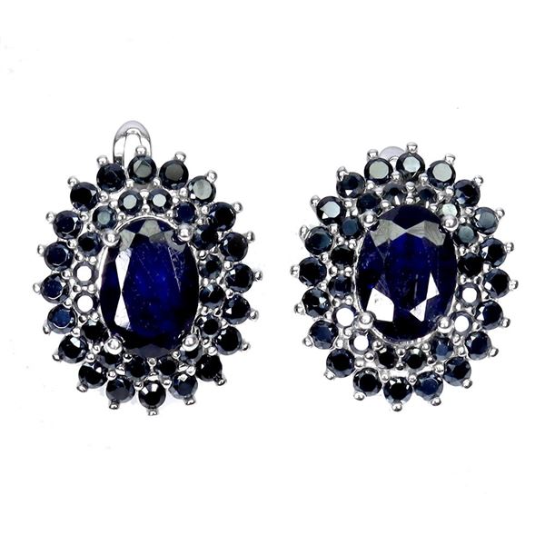 BLUE SAPPHIRE AND SPINEL EARRINGS IN 14K WHITE PLATED GOLD OVER 925 STERLING SILVER - APPRAISED REPL