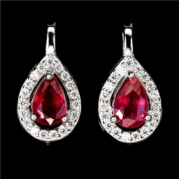 RUBY EARRINGS IN 14K WHITE PLATED GOLD OVER 925 STERLING SILVER - APPRAISED REPLACEMENT VALUE