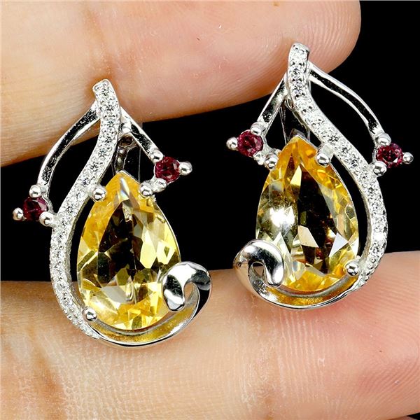 CITRINE AND RHODOLITE GARNET EARRINGS IN 14K WHITE PLATED GOLD OVER 925 STERLING SILVER - APPRAISED 