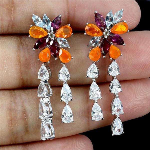 ORANGE FIRE OPAL, AQUAMARINE AND RHODOLITE GARNET EARRINGS IN 14K WHITE PLATED GOLD OVER 925 STERLIN