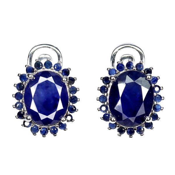 BLUE SAPPHIRE EARRINGS IN 14K WHITE PLATED GOLD OVER 925 STERLING SILVER - APPRAISED REPLACEMENT VAL
