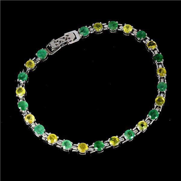 EMERALD AND SAPPHIRE BRACELET IN 14K WHITE PLATED GOLD OVER 925 STERLING SILVER - 7 INCHES LONG - AP