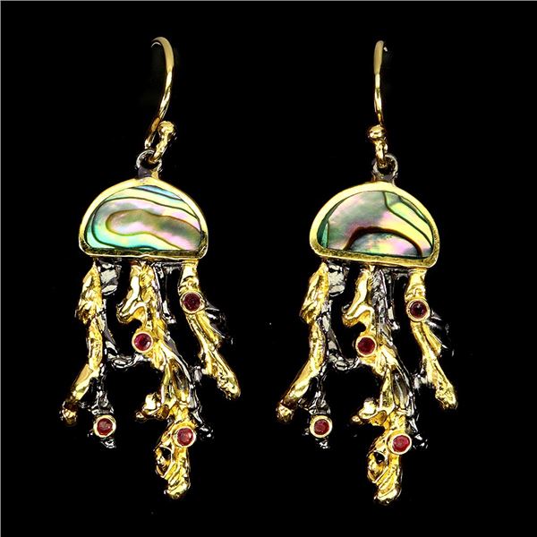 MYANMAR (BURMA) RUBY AND MOTHER OF PEARL JELLYFISH SHAPED EARRINGS IN 14K 2 TONE RHODIUM AND YELLOW 
