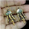 Image 2 : MYANMAR (BURMA) RUBY AND MOTHER OF PEARL JELLYFISH SHAPED EARRINGS IN 14K 2 TONE RHODIUM AND YELLOW 